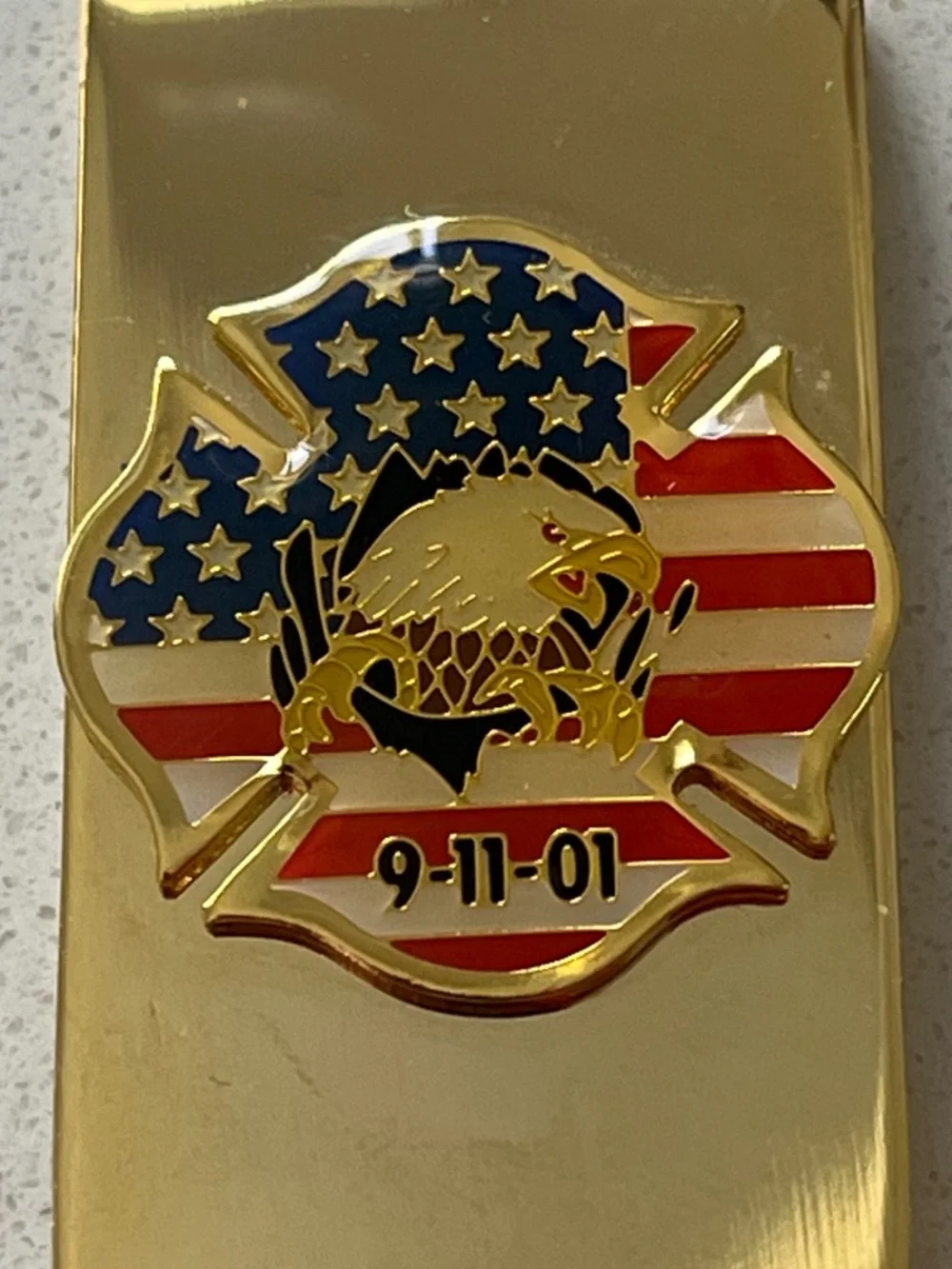 Brass 911 Money Clip firefighters Emblem, United States Flag Eagle